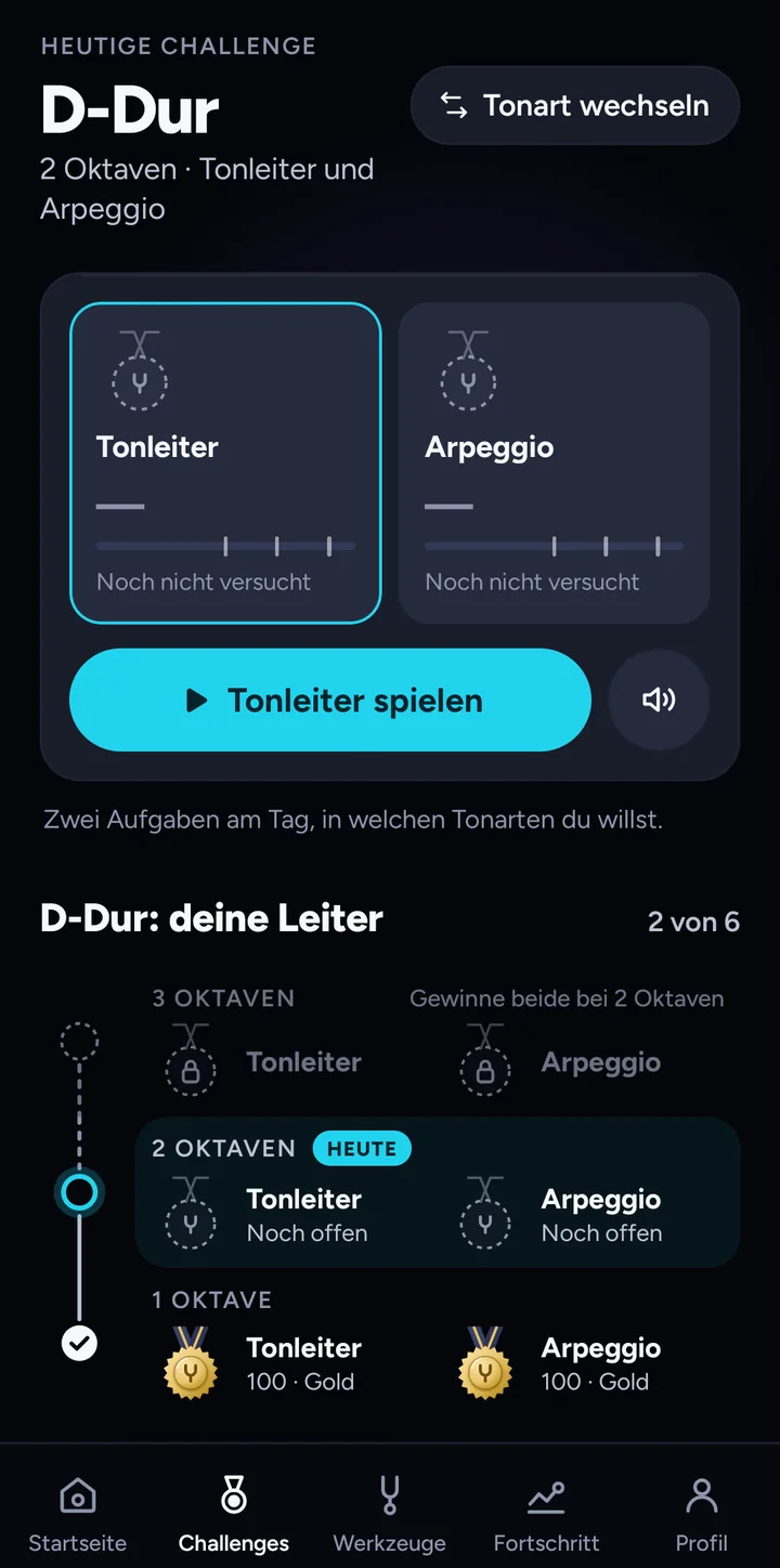 Tägliche Challenge: Tonleiter und Arpeggio mit Medaillen