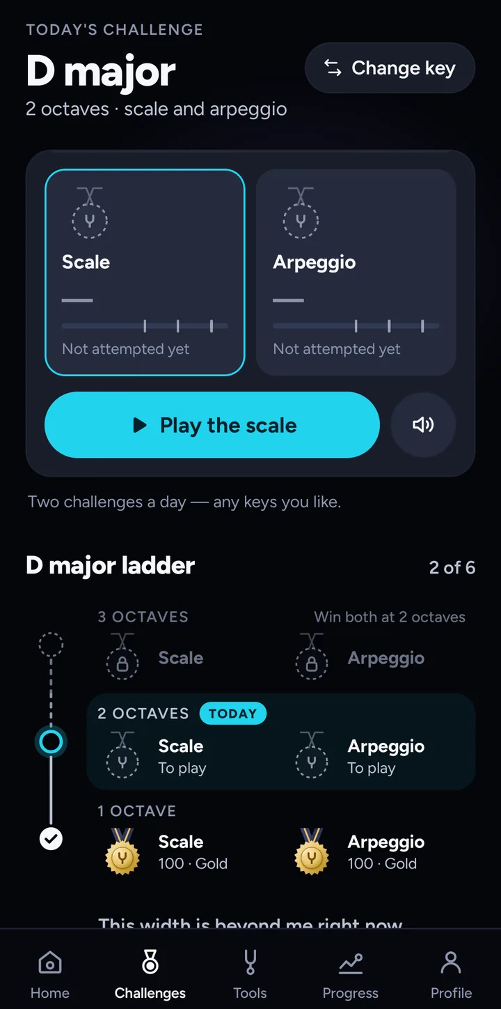 Daily challenge: scale and arpeggio with medals
