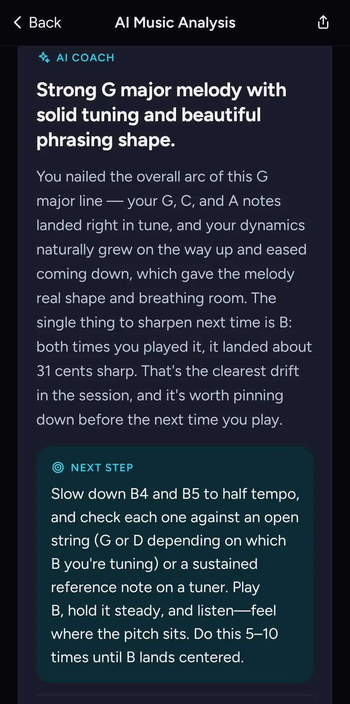 AI coach feedback with the next step to practice