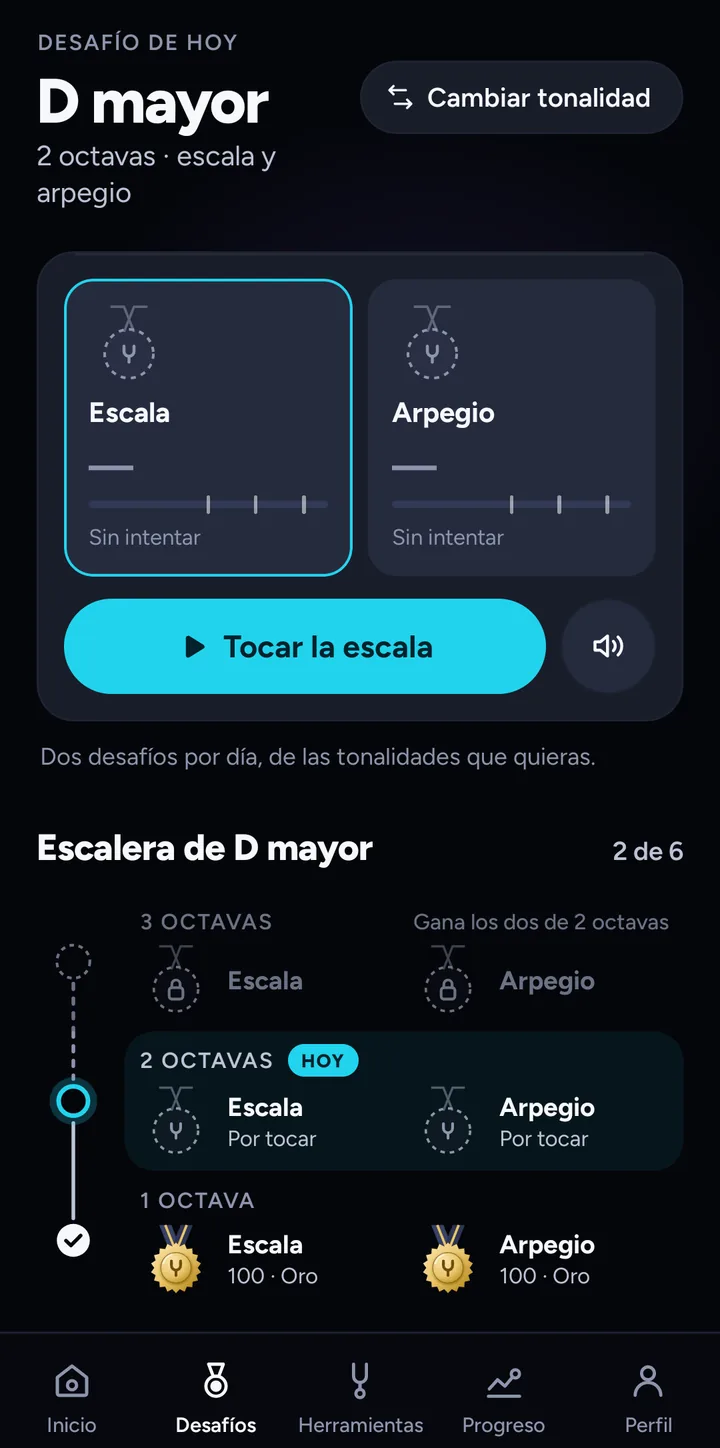 Desafío diario: escala y arpegio con medallas