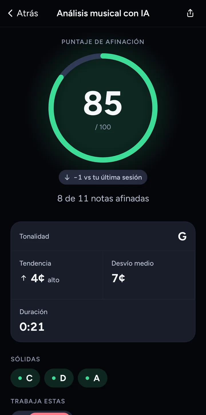 AI Music Analysis: puntuación de afinación sobre 100