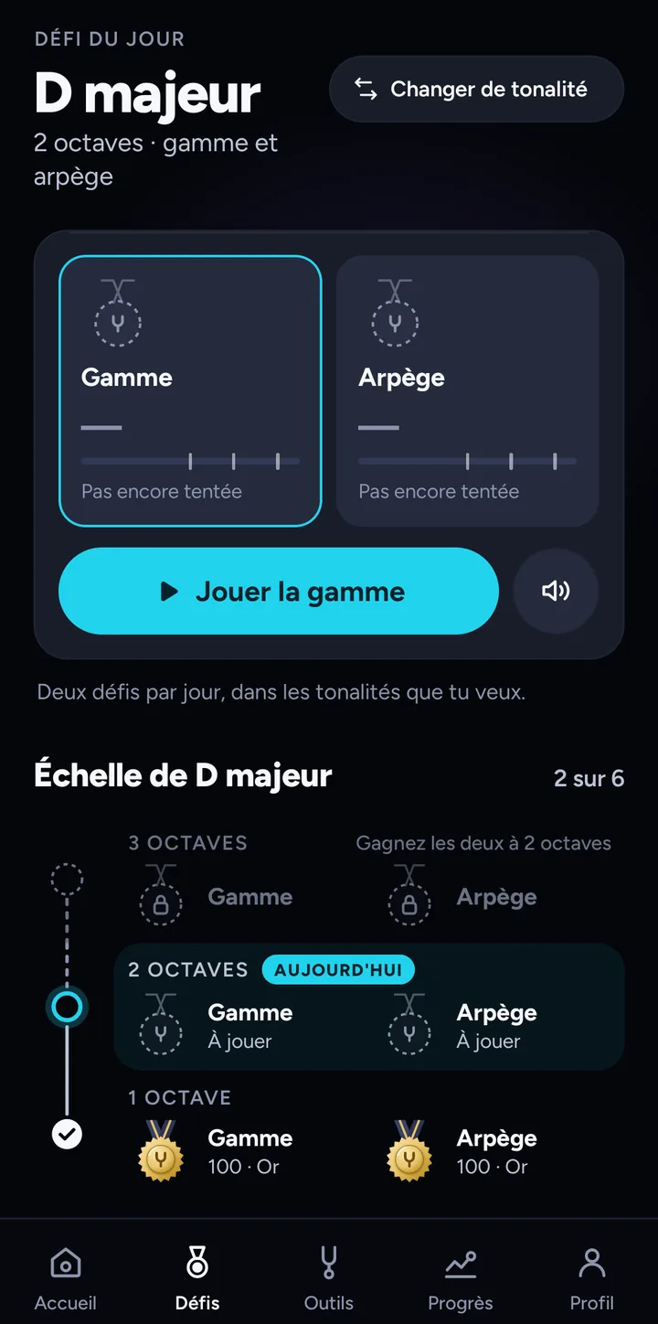 Défi quotidien : gamme et arpège avec médailles