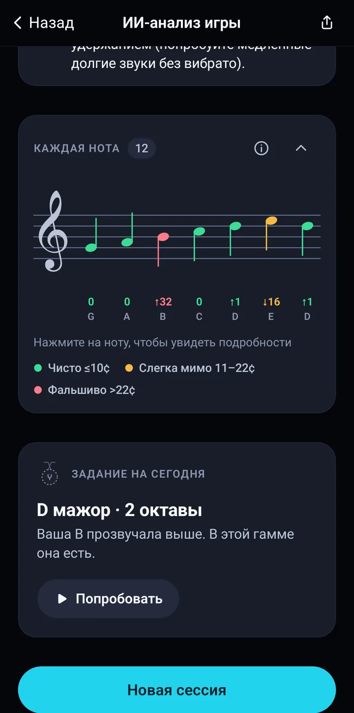 Каждая нота на нотном стане с отклонением в центах